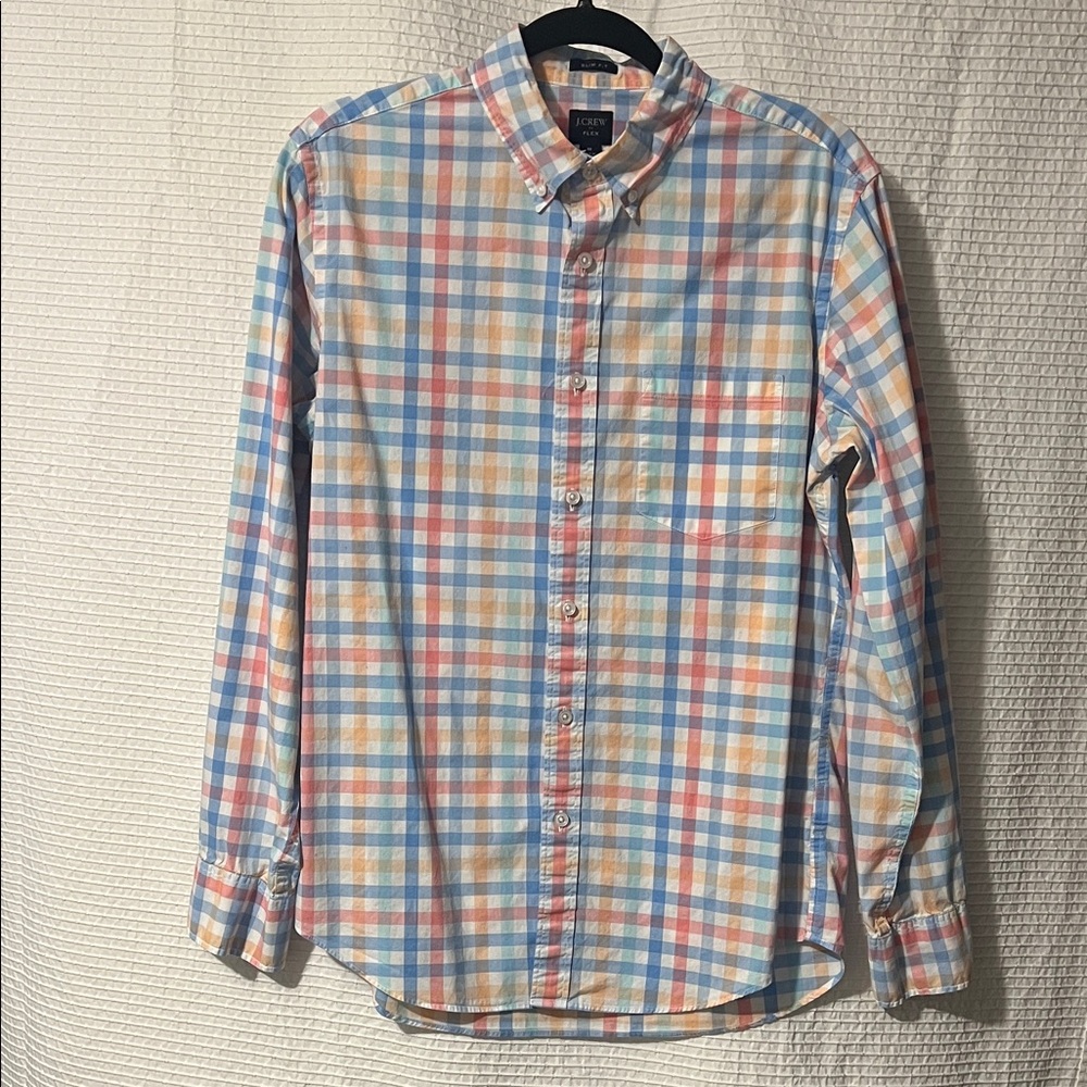 J. Crew Men’s Flex Slim Fit Blue, Orange, White Plaid Men's Shirt